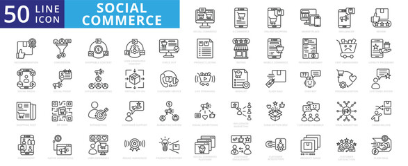 Social commerce icon set with online shopping, marketplace, influencer, review, recommendation, media, engagement, post, and user-generated content.