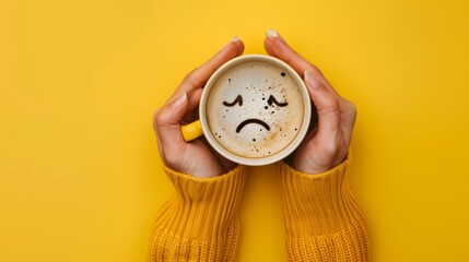 Closeup woman hands holding coffee cup with sad face drawn on coffee, yellow background