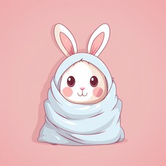 Adorable cartoon bunny wrapped in a blue blanket, pink background. Perfect for cute, children's illustrations and designs.