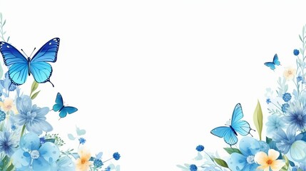 Beautiful floral border with blue flowers and butterflies on a white background. Perfect for invitations, greeting cards, and decorative projects.