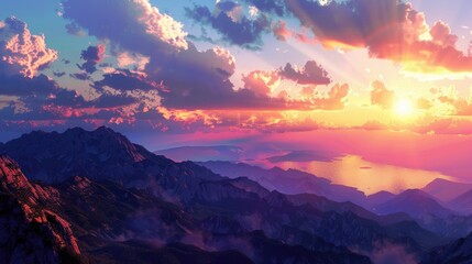 Fototapeta premium Sunset view from the peak of a mountain