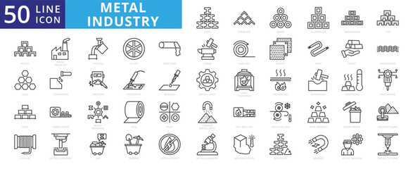 Metal industry icon set with steel, stainless, brass, aluminum, manganese, tin, nickel, lead, iron, copper and casting.