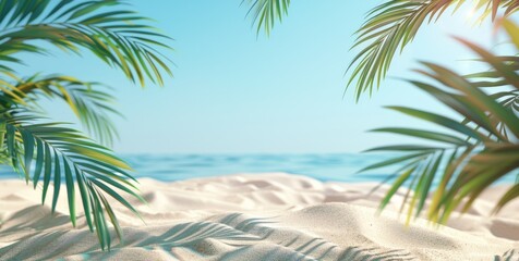 Tropical Paradise Beach Framed by Lush Green Palm Leaves and Clear Blue Skies