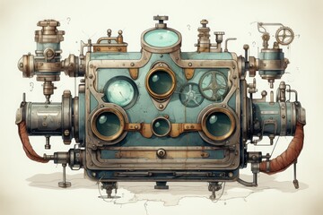 Intricate steampunk machinery with gauges, pipes, and a vintage design, representing mechanical innovation and retro-futuristic technology.