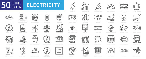 Electricity icon set with electromagnetic radiation, charger flow, lightning strike, static, induction, electric current and electromagnetic radiation.