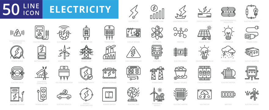 Electricity icon set with electromagnetic radiation, charger flow, lightning strike, static, induction, electric current and electromagnetic radiation.