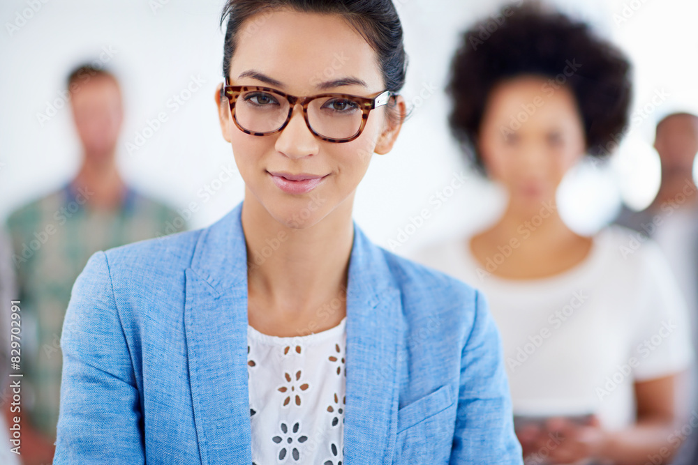 Poster Smile, portrait and business woman with team in office for collaboration, management or meeting. Pride, confident and female attorney mentor with group of lawyers with legal internship in workplace.