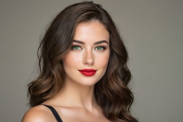 Fototapeta premium Beautiful woman with long way brown hair, green eyes, perfect skin and red lips on a gray background, studio shot