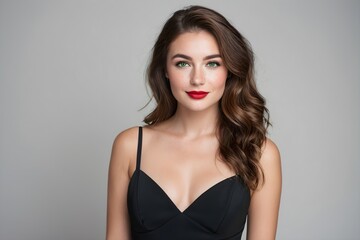 Naklejka premium Beautiful woman with long way brown hair, green eyes, and red lips wearing elegant black dress on a dark background, studio shot