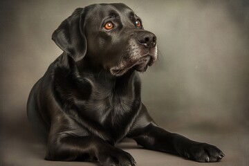 Full body studio portrait of a beautiful black Labrador dog. The dog is lying down and looking up...