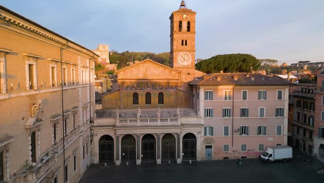 Forward Establishing Shot of Our Lady in Trastevere. Rome, Italy at Sunrise