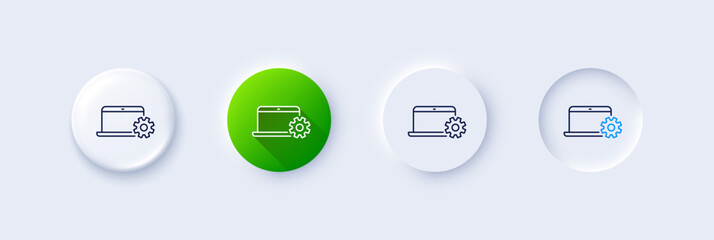 Laptop computer icon. Neumorphic, Green gradient, 3d pin buttons. Notebook Service sign. Portable personal computer symbol. Line icons. Neumorphic buttons with outline signs. Vector