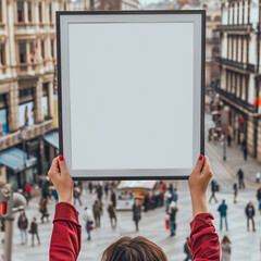 Obraz premium Busy city square backdrop with a woman holding a large blank digital frame.