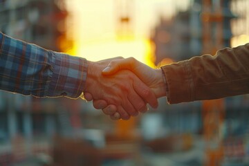 Two people shaking hands in front of a sunset. Logistic concept