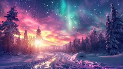 The sky is filled with aurora and beautiful serene landscape