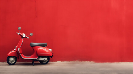 A vintage red scooter parked against a red wall, copy space