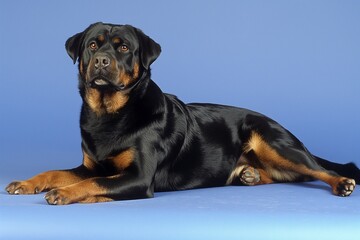 Obraz premium Full body studio portrait of a beautiful Rottweiler dog. The dog is lying down and looking up over a background of pastel shades, radiating charm and playfulness.