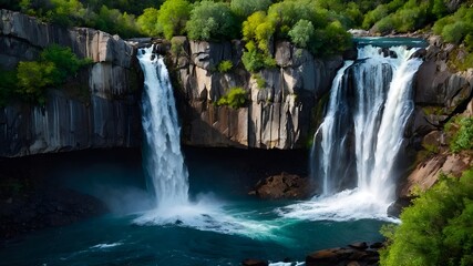 Naklejka premium Wild Beauty. Discover the Thrilling Sight of a Waterfall Cascading Down a Rugged Cliffside