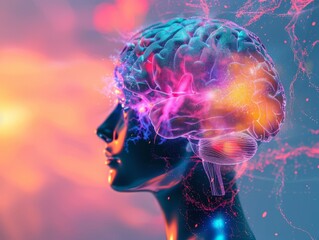 Obraz premium The image shows a human brain with a colorful gradient. The brain is surrounded by a colorful mist and has a glowing effect.