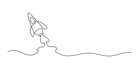 One solid line drawing of a simple flying spaceship. Rocket spaceship launch into the universe concept. Dynamic one line draw design vector graphic illustration