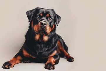 Fototapeta premium Full body studio portrait of a beautiful Rottweiler dog. The dog is lying down and looking up over a background of pastel shades, radiating charm and playfulness.