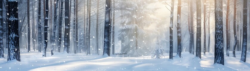 The photo shows a snow-covered forest with the sun shining through the trees. The image is peaceful and serene, and evokes a feeling of calm and tranquility.