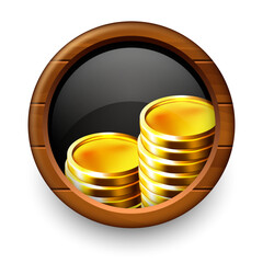 Casino label. Card fan on a black round background in a wooden frame.