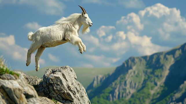 AI generated illustration of a goat jumping from a rocky hill