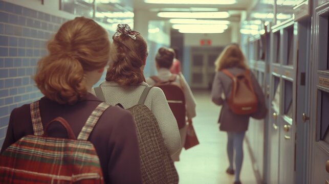 AI generated illustration of four girls strolling by lockers and windows in a hallway