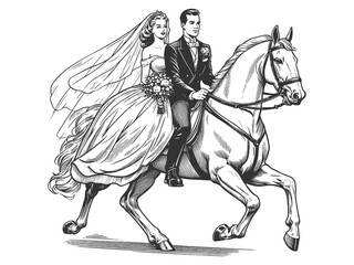 bride and groom in traditional wedding attire riding a horse romantic moment sketch engraving generative ai fictional character raster illustration. Scratch board imitation. Black and white image.