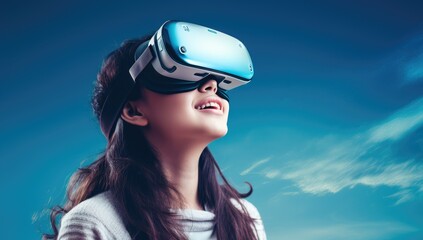 child experiences game in VR headset on colorful background. A child uses a gaming gadget for virtual reality. Futuristic glasses at a young age. Virtual technologies