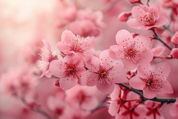 Obraz premium Beautiful close-up of pink cherry blossoms in full bloom with soft sunlight. Perfect for spring and floral themes in designs.