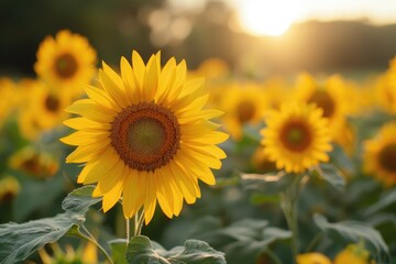 Beautiful field of sunflowers in full bloom during a warm sunset, capturing the serenity and vibrancy of nature.