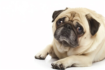Obraz premium Full body studio portrait of a beautiful pug dog. The dog is lying down and looking up over a background of pastel shades, radiating charm and playfulness.
