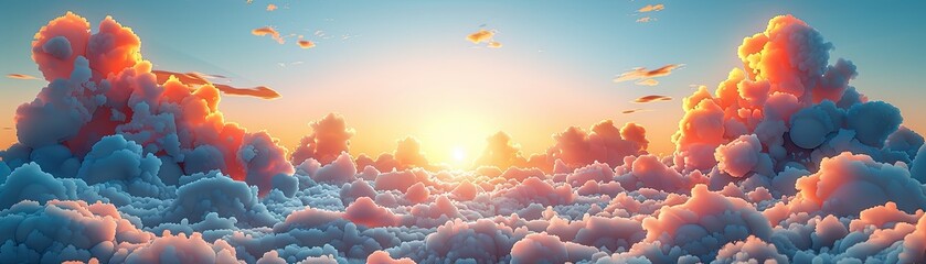 Breathtaking cloudscape during sunrise, with vibrant colors and fluffy clouds. Perfect for nature and landscape themes.