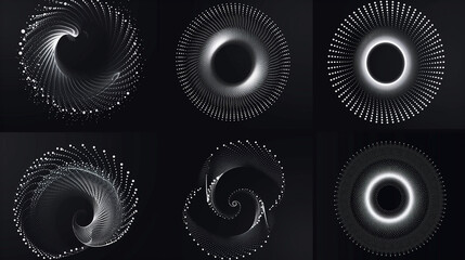 A series of black and white images of circles and spirals. The circles are all different sizes and shapes, and the spirals are also varied in size and shape. The overall mood of the images is abstract