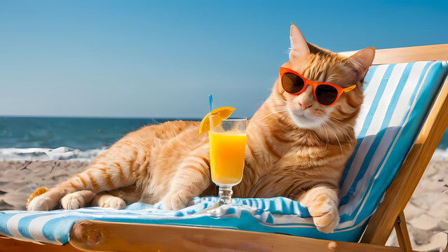 A chill orange tabby cat lounges in a beach chair wearing cool sunglasses with a cocktail and ocean backdrop, embodying ultimate relaxation and vacation vibes	