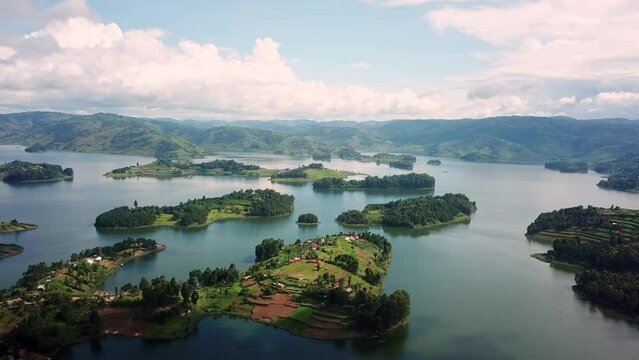 Lake Bunyonyi With Lush Green Islands In Uganda, East Africa. aerial shot