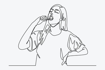 Continuous one line drawing of girl brushing her teeth. Editable strokes. Vector illustration.