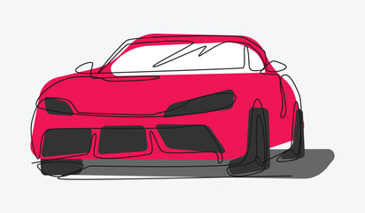 Continuous one line drawing of sport car. Vehicle, racing, transportation concept. Editable stroke. Colored vector illustration.