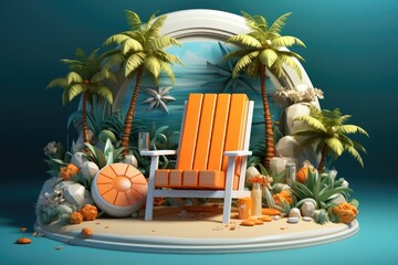 Fototapeta premium Vibrant tropical beach scene with palm trees, an orange chair, and beach ball, set against a turquoise backdrop. Perfect summer escape imagery.