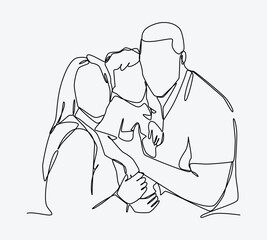 Continuous line drawing of happy family. Father, mother, and son. Editable strokes. Vector illustration.