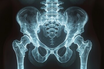 X-ray image of the human pelvic bone displaying clear details of hip joints and spinal bones, used in medical diagnosis and education.