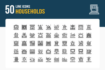 Set of 50 Households icons related to House, Front door, Back door, Window Line Icon collection