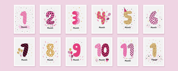 Birthday set numbers in cartoon design. Cute collection of cards for baby's first year in flat style. Vector illustration.

