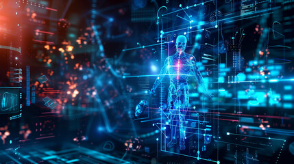 Fototapeta premium A computer generated image of a human body with a heart. The image is in blue and red colors