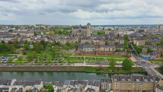 Saint Julien Cathedral and Gallo-Roman enclosure walls of Le Mans, France. Aerial backward ascending