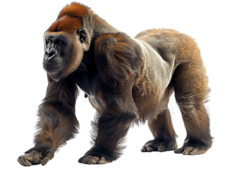 A large gorilla with a brown and red face stands on a white background