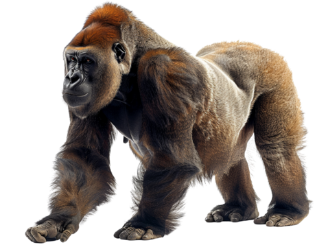 A large gorilla with a brown and red face stands on a white background