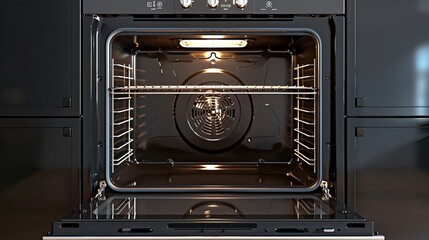 Empty open electric oven with hot air ventilation. New oven. Door is open and light is on